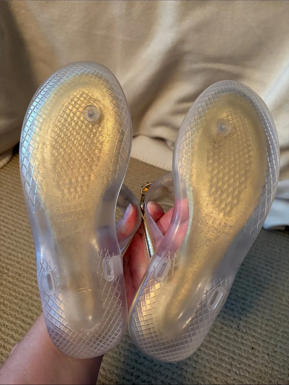 Stuart Weitzman Jelly Sandals with Gold Crystal Chain